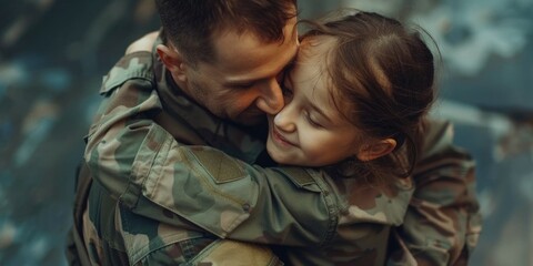 A kind-hearted military person embracing a young child, scene of comfort and care