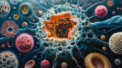 A detailed illustration of biological cells, showing their structure and complexity, ideal for scientific textbooks, medical websites, and educational materials. Illustration, Minimalism,