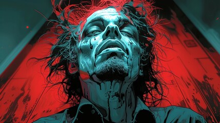 A psychotic character, with wild hair and a crazed expression, depicted in a dramatic pose, perfect for horror illustrations, thriller book covers, and psychological thriller advertisements.