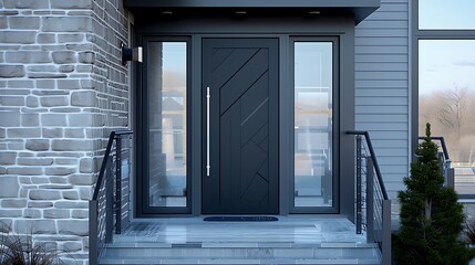 door painted in matte black, framed by an ultra-modern fa? section ade with angular, frosted glass panels and a sleek, steel porch railing