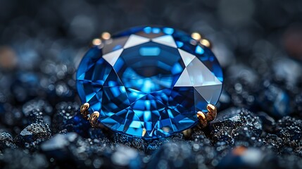 A radiant blue sapphire gemstone, with intricate detailing and a dark background, perfect for showcasing luxury jewelry and high-end fashion accessories. Illustration, Minimalism,
