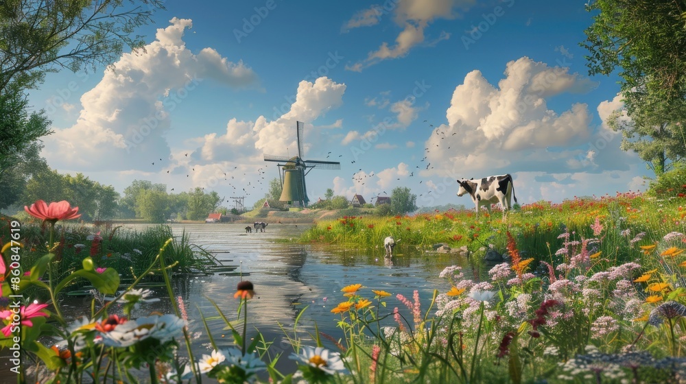 Poster a group of cows are grazing in a field next to a windmill. generate ai image