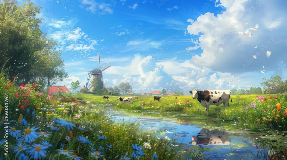 Poster a group of cows are grazing in a field next to a windmill. generate ai image