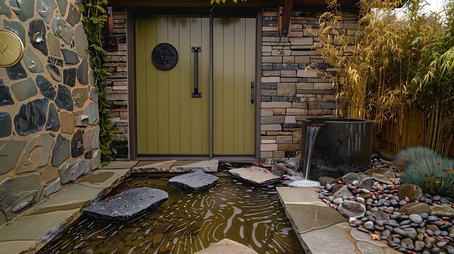 door painted in matte olive green, surrounded by natural stone tiles and a water feature with a gentle, babbling brook