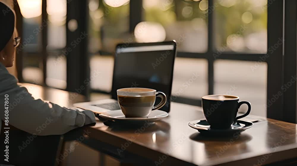 Aufkleber coffee and laptop on a table by a window generative ai