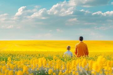 Fototapeta premium Father and Son in Rapeseed Field - Springtime Bonding - Concept of Family and Nature