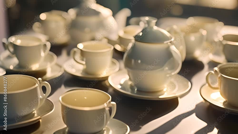 Poster white teacups and teapot on table generative ai