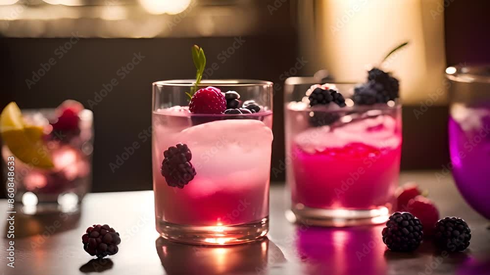 Poster raspberry and blackberry cocktail with ice generative ai