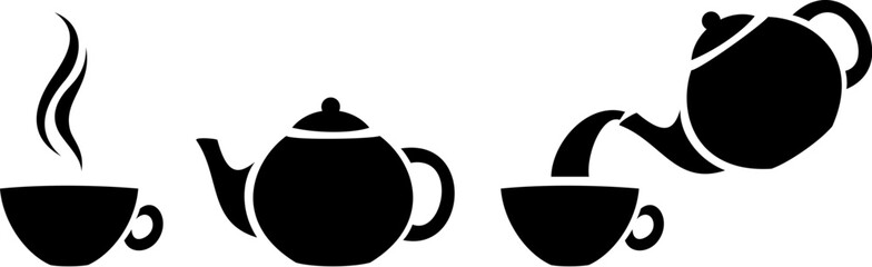 Teapot and a cup of tea or coffee. Vector black silhouettes of a teapot and a cup of tea or coffee isolated on a white background. Set of tea icons