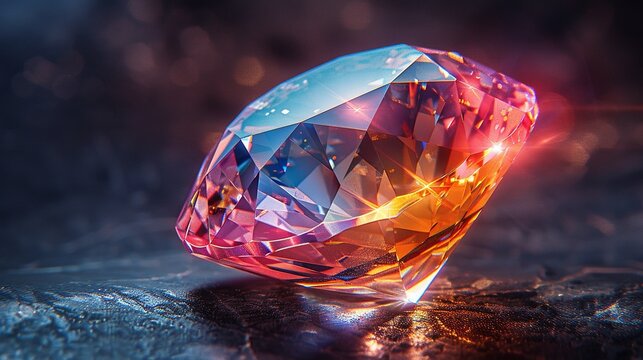 A lustrous gemstone, shining with brilliant colors and facets, set against a dark background, perfect for luxury jewelry advertisements and high-end fashion designs. Illustration, Minimalism,