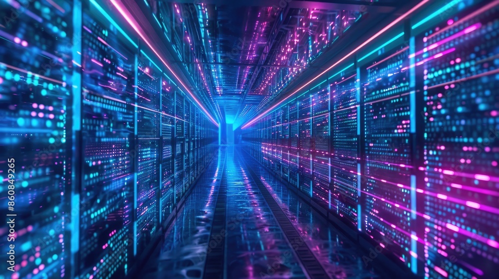 Poster futuristic data center, blue and purple glow, and binary code. generative ai