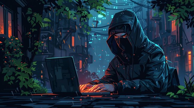 An intense hacktivist character, with a dark hoodie and mask, typing on a laptop, set against a digital background, perfect for cyber security and activism-themed illustrations. Illustration,
