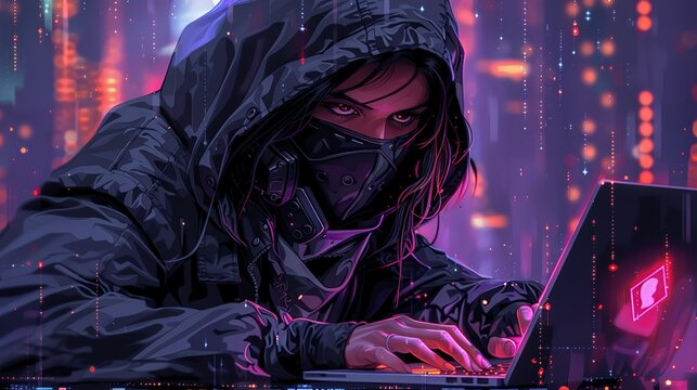 An intense hacktivist character, with a dark hoodie and mask, typing on a laptop, set against a digital background, perfect for cyber security and activism-themed illustrations. Illustration,