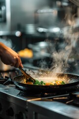 A person cooking food in a frying pan on a stove