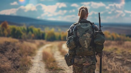 A person carrying a backpack and rifle on a dirt path, possibly for hunting or camping