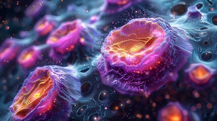 A detailed illustration of biological cells, showing their structure and complexity, ideal for scientific textbooks, medical websites, and educational materials. Illustration, Minimalism,