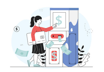 Woman with ATM. Young girl near bank terminal. Cashless transfers and transactions. Transactions with electronic money in bank. Linear flat vector illustration