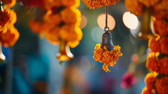 Flower decoration and spiritual bell hanging as a part of Hindu wedding decoration Marigolds symbolise new beginnings and important life events the bell symbolises eternal life Selecti : Generative AI