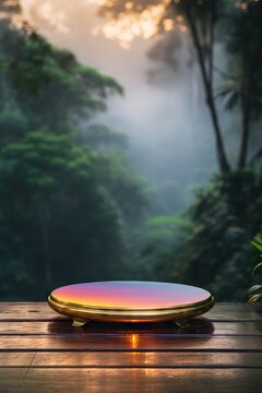 Golden podium in tropical forest with trees and plants around. Luxury product presentation. Organic healthy natural products. Empty display template for cosmetic or perfume presentation