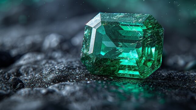 A polished emerald gemstone, with a rich green hue and excellent clarity, placed on a dark background, perfect for jewelry advertisements and luxury brand marketing. Illustration, Minimalism,