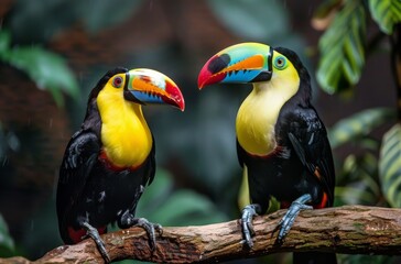 Fototapeta premium Two Colorful Toucans Perched on a Branch in a Tropical Rainforest