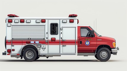 A detailed ambulance illustration, depicted with precision and clarity, perfect for medical-themed designs, emergency service advertisements, and educational materials. Illustration, Minimalism,