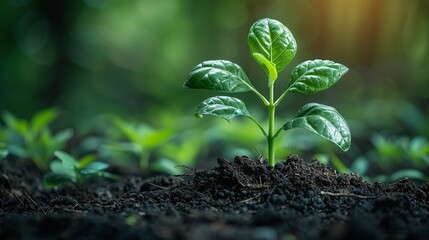 A sprouting plant, with fresh green leaves emerging from the soil, perfect for environmental themes, gardening advertisements, and nature illustrations. Illustration, Minimalism,