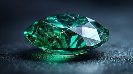 Fototapeta premium A polished emerald gemstone, with a rich green hue and excellent clarity, placed on a dark background, perfect for jewelry advertisements and luxury brand marketing. Illustration, Minimalism,