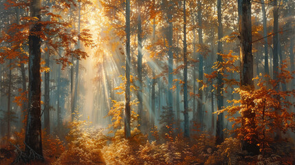 Fototapeta premium A painting of a forest with trees and leaves