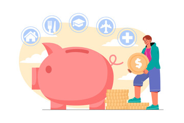 Man with budget. Guy stands with coin near piggy bank. Financial literacy and passive income. Evaluation of budget and savings. Budgeting and accounting. Cartoon flat vector illustration