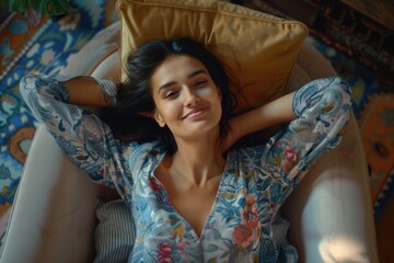 Fototapeta premium A young woman lying on top of a couch, relaxed and casual