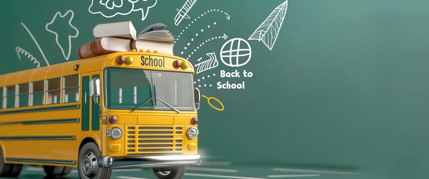 Yellow School Bus with Books on Roof Against Green Chalkboard Background with Back to School Doodles