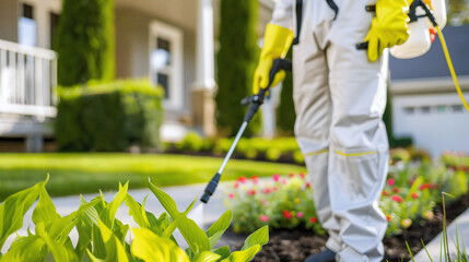 pest control technician wearing protective clothing treating the perimeter of a suburban house, outdoor pest control