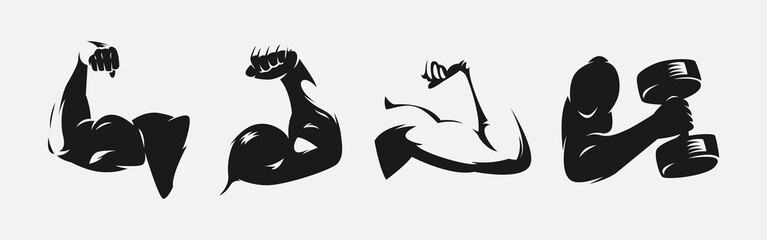 Set collection black and white of male biceps muscles. Flexing biceps, strong arm, holding barbell. Vector illustration style.