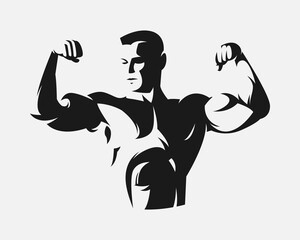 Silhouette of bodybuilder showing muscles, flexing biceps muscles, strongman. Vector illustration. 