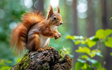 Obraz premium Red Squirrel Perched on Tree Branch in Lush Green Forest