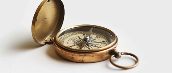 Antique brass compass, lid open, white backdrop, rule of thirds, copy space