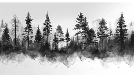 Silhouettes of Pine Trees in a Foggy Forest