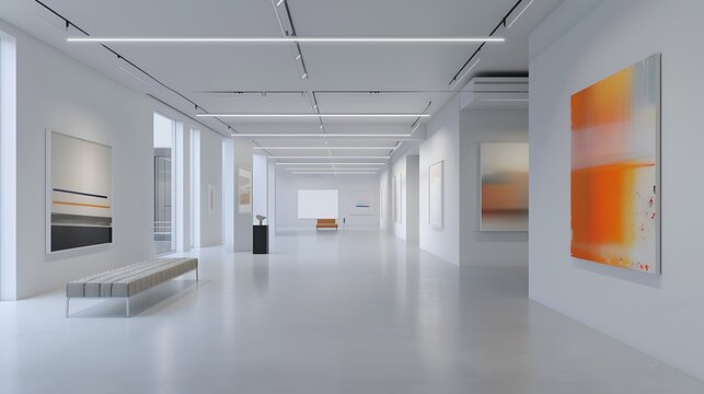 sleek off-white modern art gallery, showcasing contemporary works from emerging artists in a space designed to inspire and provoke thought