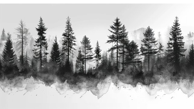 Silhouettes of Pine Trees in a Foggy Forest