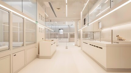 sleek off-white pet adoption center, designed with comfortable, modern facilities to encourage interactions between potential adopters and animals