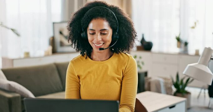 Customer service, woman and laptop with headset in home with talking, virtual assistant and technical support. Remote work, consultant or happy with telemarketing, client advice or crm in living room