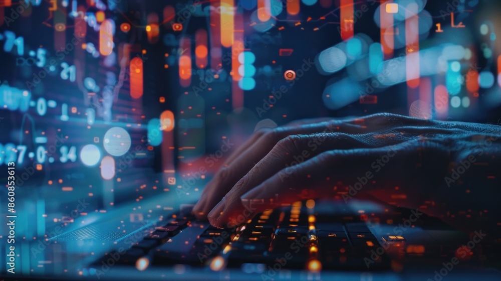 Poster hands typing on keyboard with digital overlay