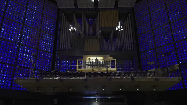 Berlin, Germany. Kaiser-Wilhelm-Gedachtniskirche evangelical church in Berlin Interiors inside. Kaiser Wilhelm Memorial Church blue church internal view. Interior of the new church. 