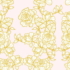 Hand Drawn Gold Rose and Leaves Seamless Pattern