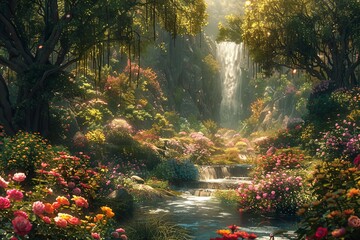Beautiful Paradise Land with Flower and Waterfall created with Generative AI