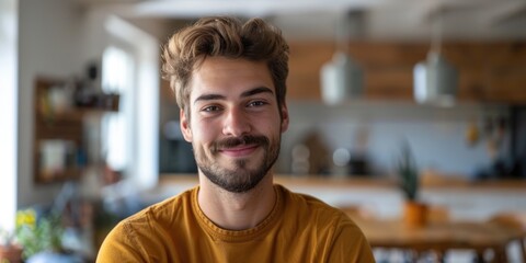 Fototapeta premium A happy man wearing a bright yellow shirt smiles directly at the camera