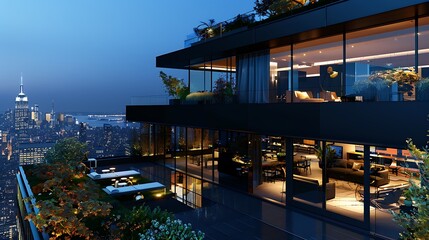Obraz premium sophisticated penthouse with a glossy black exterior, floor-to-ceiling windows, and a rooftop garden, overlooking a bustling cityscape at night