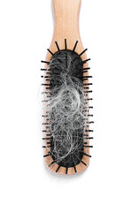 Wooden brush with lost hair isolated on white, top view