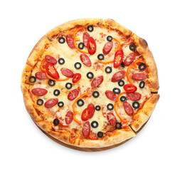 Tasty pizza with cheese, dry smoked sausages, olives and chili pepper isolated on white, top view